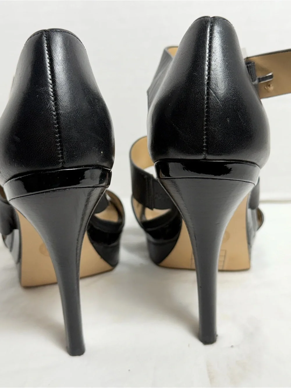 Michael Kors Black Leather Strappy Heeled Sandals with Silver Buckle